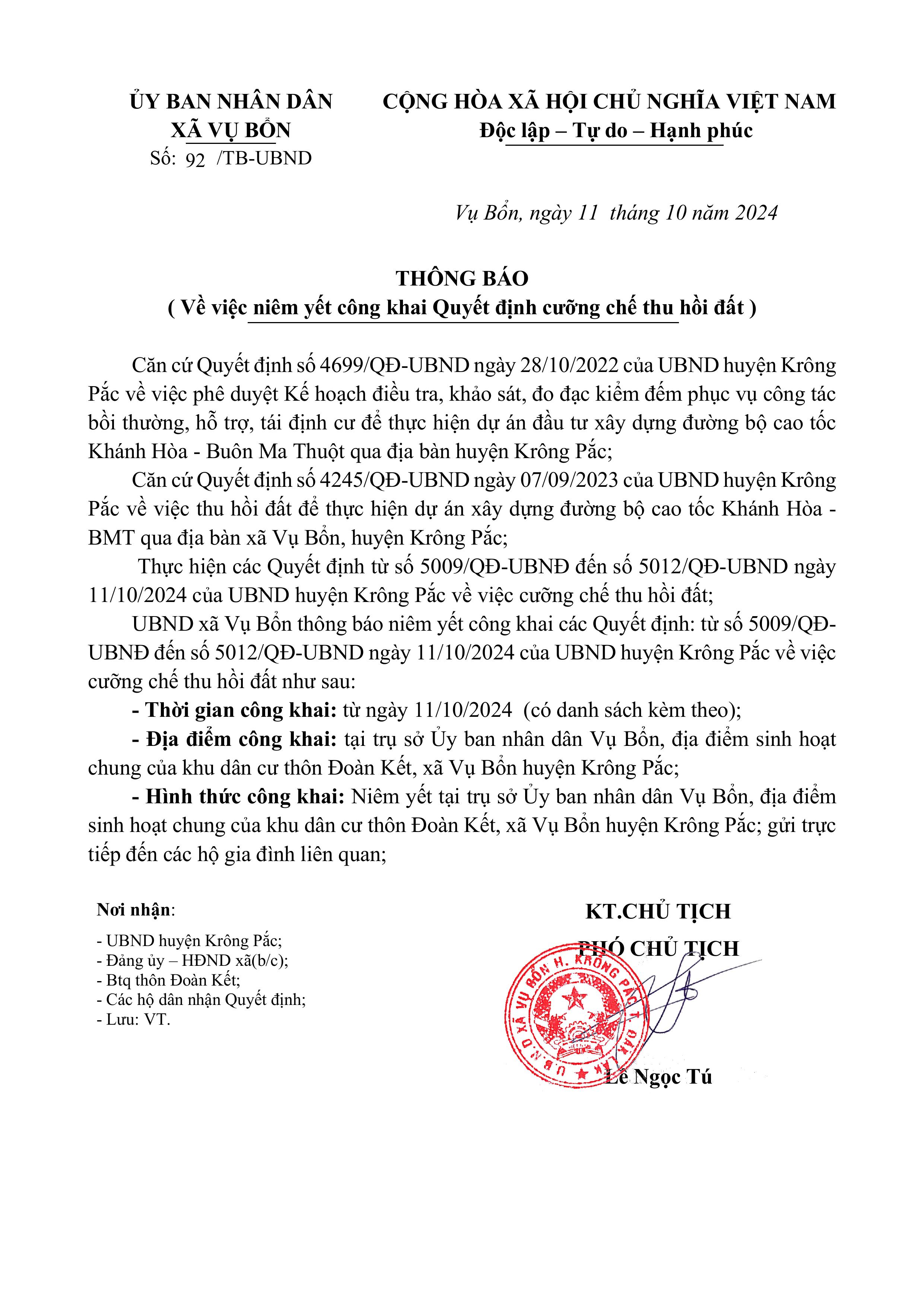 THÔNG BÁO VỀ VIỆC NIÊN YẾN CÔNG KHAI QUYẾT ĐỊNH CƯỠNG CHẾ THU HỒI ĐẤT